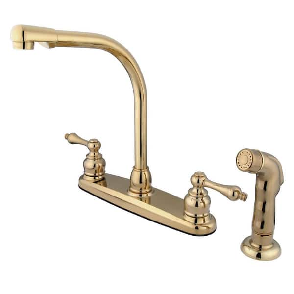 Kingston Brass Victorian 2-Handle Deck Mount Centerset Kitchen Faucets with Side Sprayer in Polished Brass