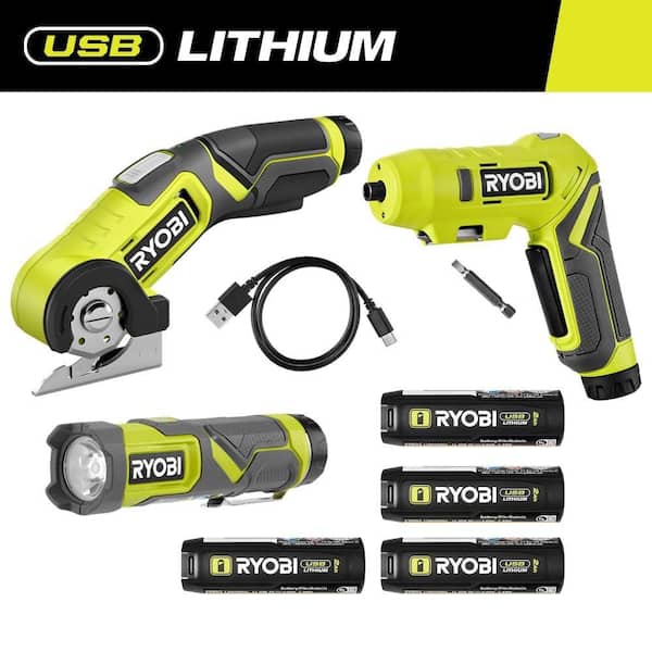 RYOBI USB Lithium 3-Tool Combo Kit w/ Flashlight, Screwdriver, Cutter, Batteries, Charger & (2) FREE 2.0 Ah Batteries
