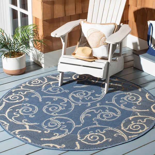 Courtyard Blue/Natural 8 ft. x 8 ft. Round Border Indoor/Outdoor Patio  Area Rug