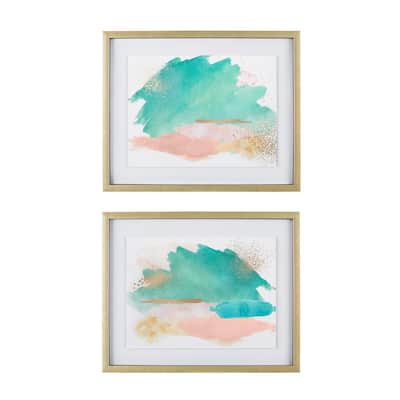 (17 in. H x 21 in. W) Pink, Blue, Green Abstract Watercolor Wall Art with Antiqued Gold Frame (Set of 2)