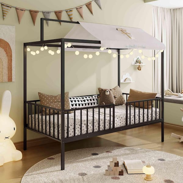 Black Metal Frame Twin Platform Bed with Sturdy Metal Slats Support