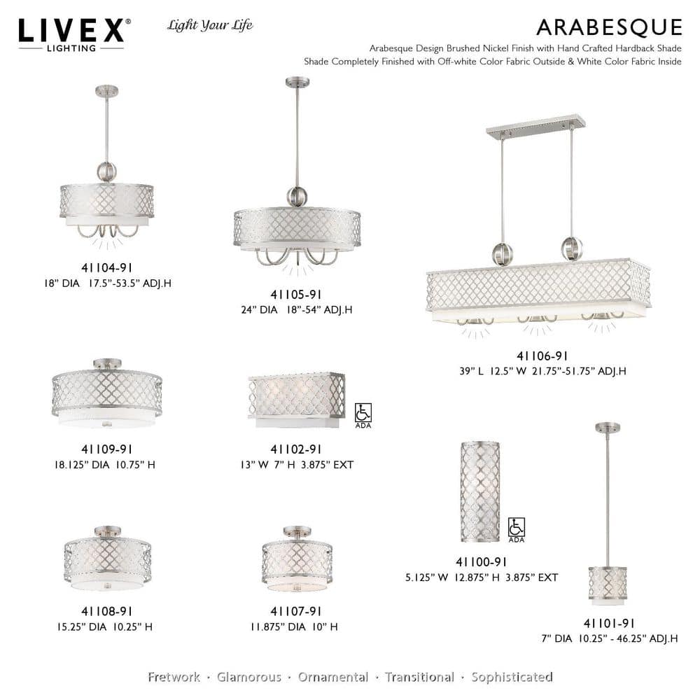Arabesque Brushed Nickel 9-Light Linear Chandelier with Fabric Shade