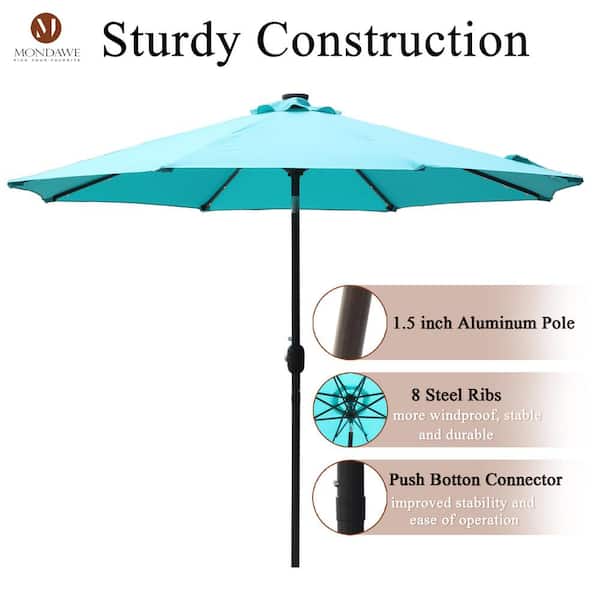 9 ft. Aluminum Market Patio Umbrella LED Solar Outdoor Umbrella in Light Blue with Tilt and Crank