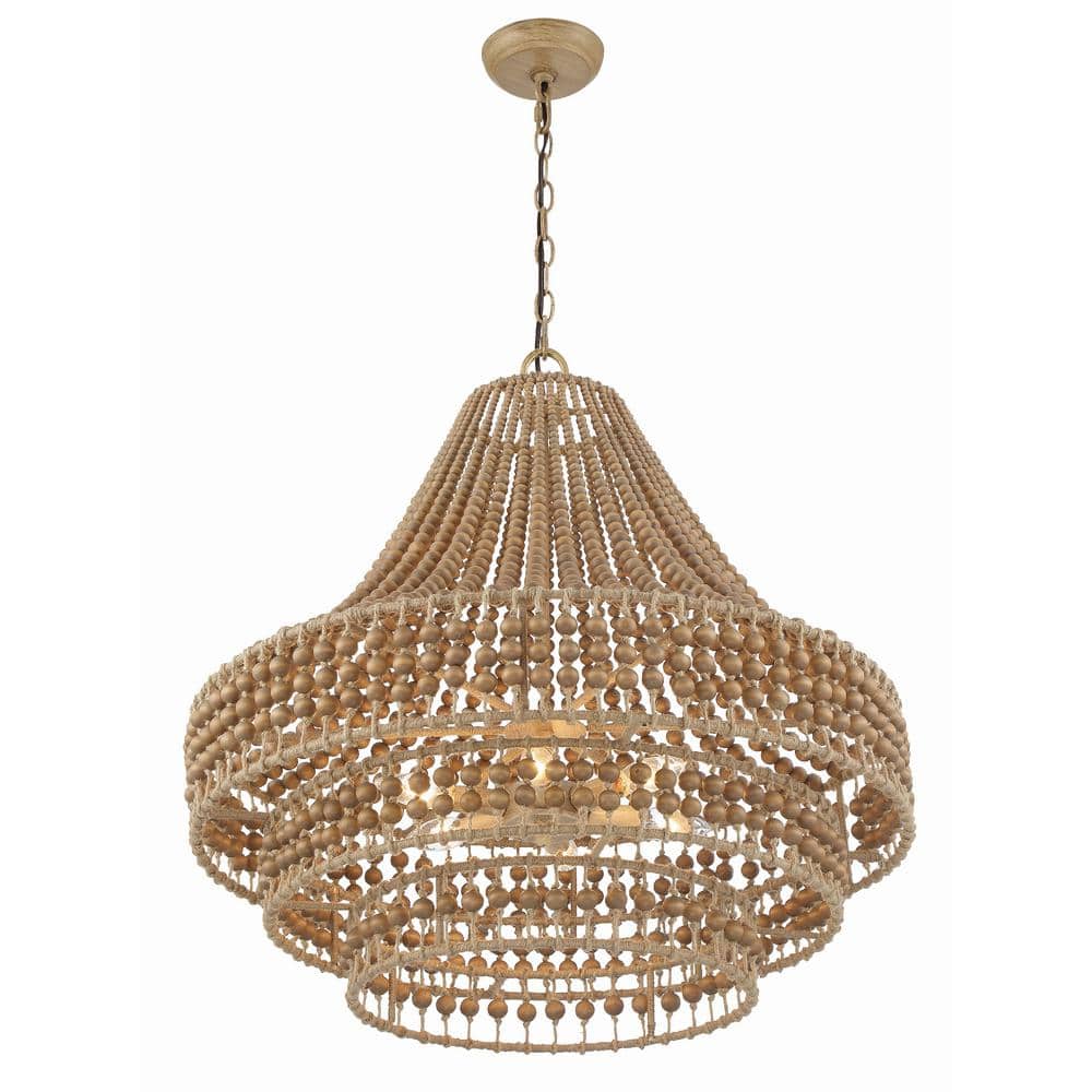 Burnished Silver and Natural Wood Bead 6-Light Chandelier