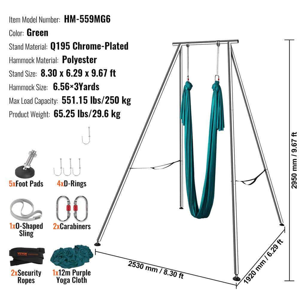 VEVOR Aerial Yoga Frame and Yoga Hammock 9.67 ft. H Professional Yoga Swing Stand Comes with 6.6 Yards Aerial Hammock, Green KJDC293M6MDC3ZFUDV0