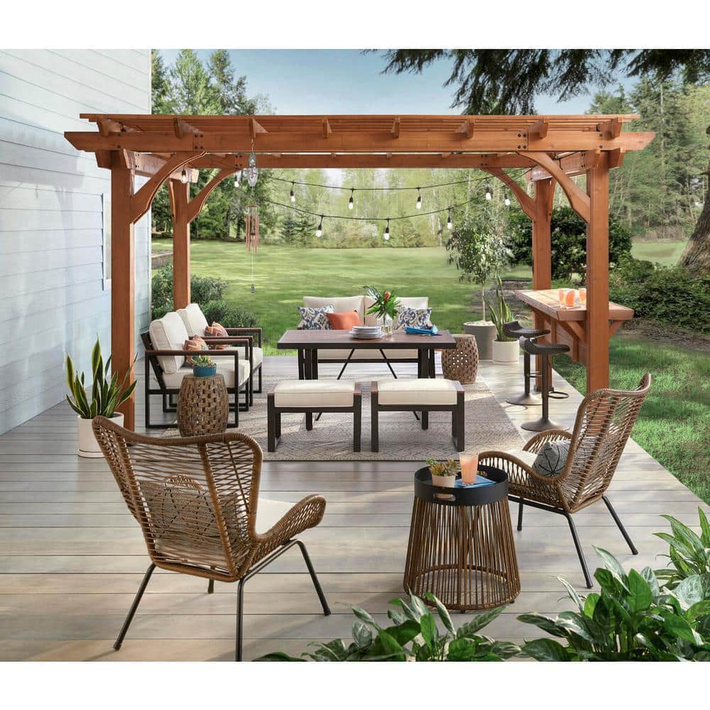 Ashland 14 ft x 10 ft Brown Cedar Wood Outdoor Pergola with Bar