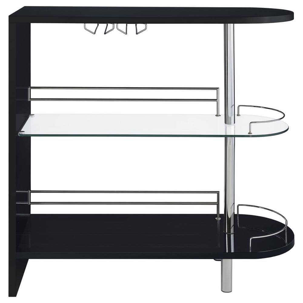 Contemporary Glossy Black Glass-Top Bar Table with Stemware Storage