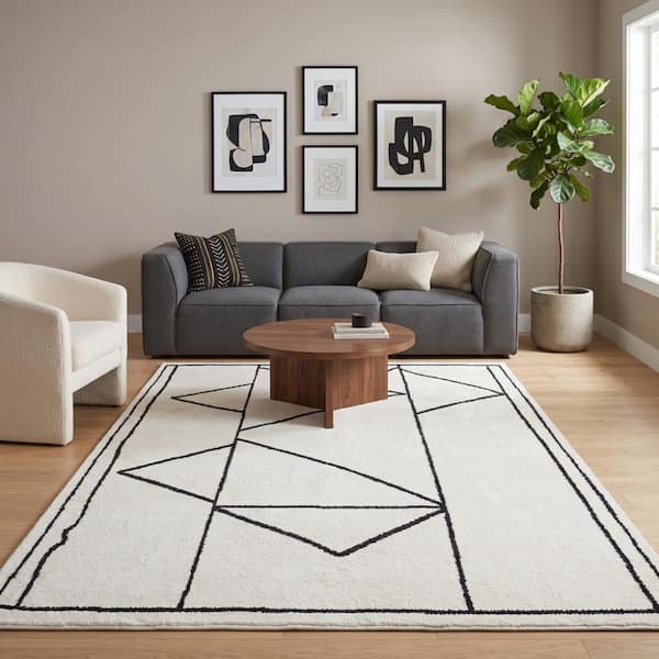 Monotone 8 x 10 Ivory Moraccan Pattern Area Rug for High Traffic Living Room Dining Room Bedroom