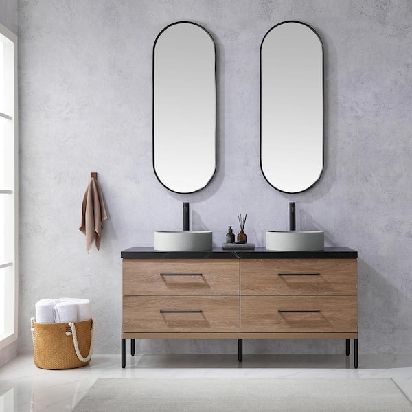 ROSWELL Trento 60 in. W x 21.7 in. D x 34.6 in. H Double Concrete(C) Sink Bath Vanity in North Oak with Black Sintered Top