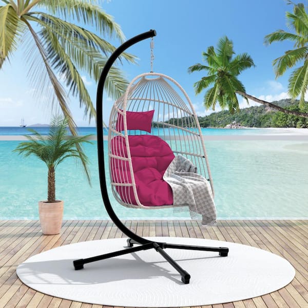 Metal Outdoor Hammock Egg Hanging Chair with Stand, Wicker Patio Swing Egg Chair Indoor Swinging Chair with Red Cushion