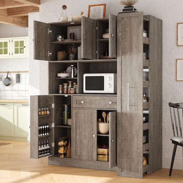 Brown 70 in. H Accent Storage Cabinet with Hutch, Cupboard with Pull-Out Side Cabinet, Door Internal Racks, Shelves