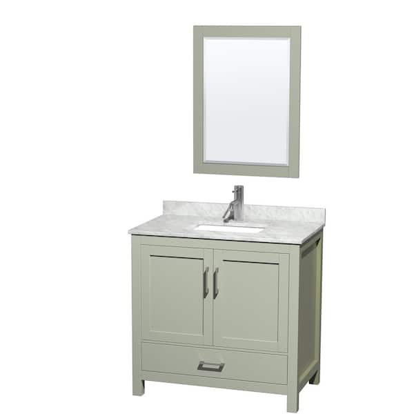 Wyndham Collection Sheffield 36 in. W x 22 in. D x 35 in. H Single Bath Vanity in Light Green w/ White Carrara Marble Top and 24 in. Mirror