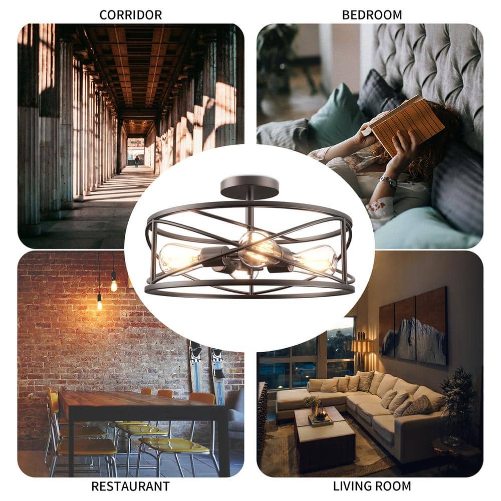 Defong 17'' Oil Rubbed Bronze 4-Light Caged Drum Semi Flush Mount
