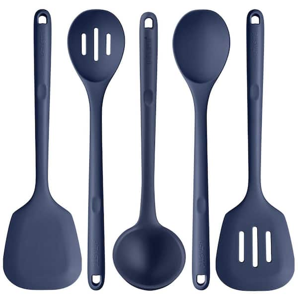 13.6 in. Blue Silicone Kitchen Utensil Set, Non-Stick Cooking Tools with Turner, Spatula, Mixing Spoon and Soup Ladle