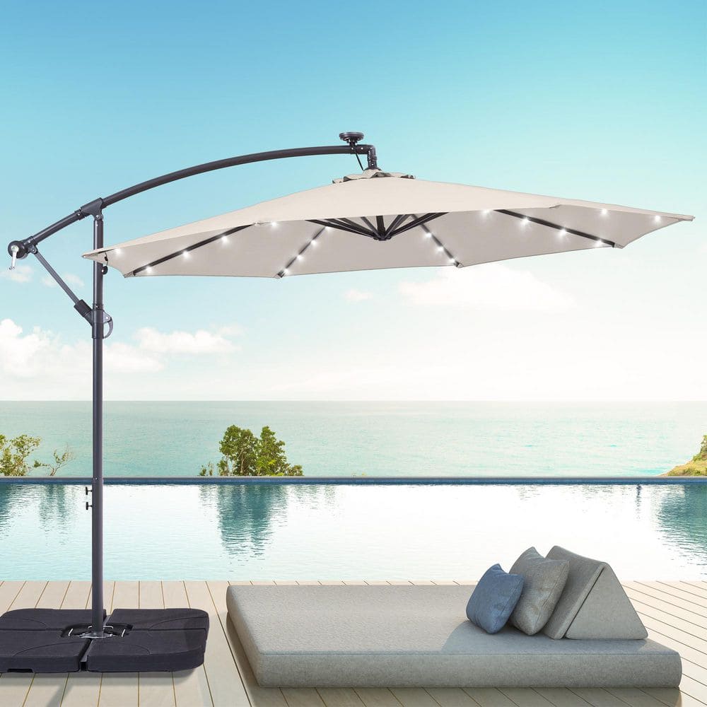 JOYESERY 10 ft. Patio Offset Solar LED Umbrellas 50 Plus UV Protection Cantilever Outside Umbrellas, Beige J-UM-34M-LED - The Home Depot