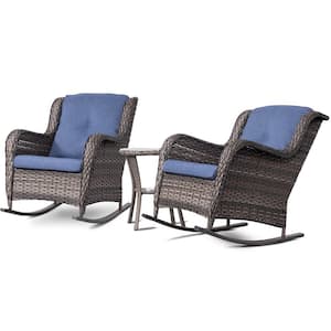 3-Piece Wicker Outdoor Rocking Chair Patio Conversation Set with Blue Cushions and Side Table