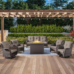 6-Piece Brown Wicker Outdoor Patio Rectangular Fire Pit Conversation Set with Gray Cushions and Swivel Rocker Chairs