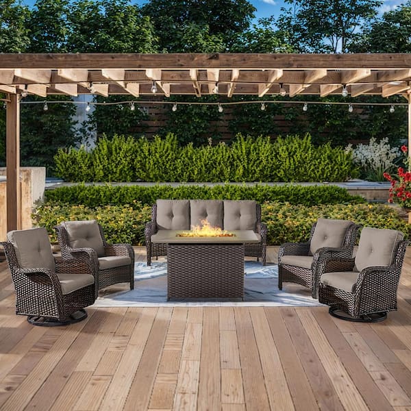 Opohoro 6-Piece Brown Wicker Outdoor Patio Rectangular Fire