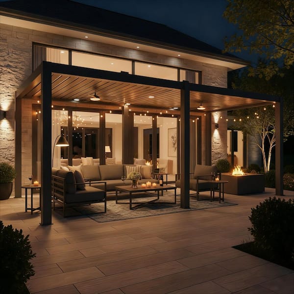 10 ft. x 24 ft. Dark Gray Aluminum Patio Pergola with Built-In Solar Panel, Ceiling Fan and Round LED Light