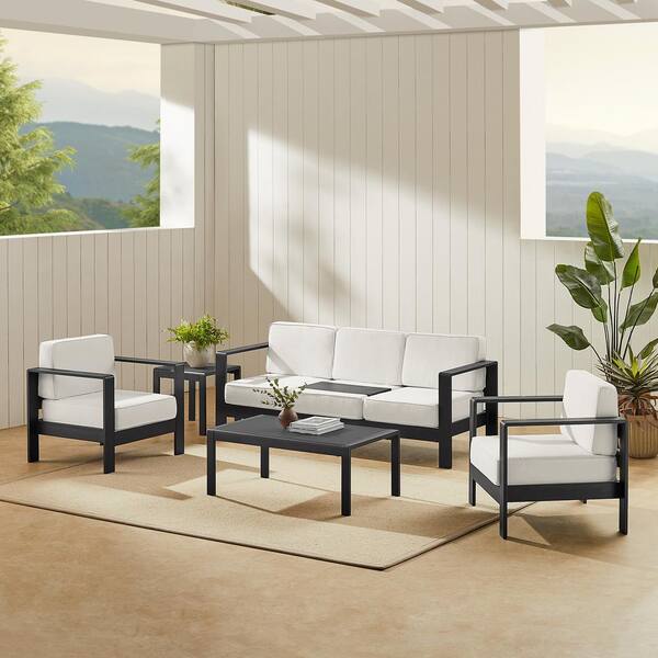 Linon Home Decor Kelten Powder Black 5-Piece Aluminum 3-Seater Patio Conversation Set with Polyester White Cushions