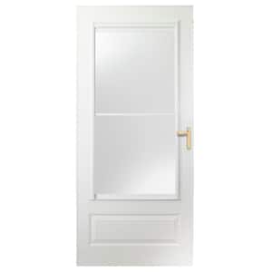 30 in. x 80 in. 300 Series White Universal Self-Storing Aluminum Storm Door with Brass Hardware