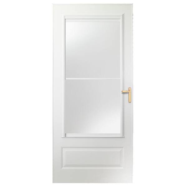 EMCO 300-Series 30 in. x 80 in. White Universal Self-Storing Storm Door with Brass Hardware