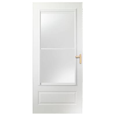 32 in. x 80 in. 300 Series White Universal Self-Storing Aluminum Storm Door with Brass Hardware