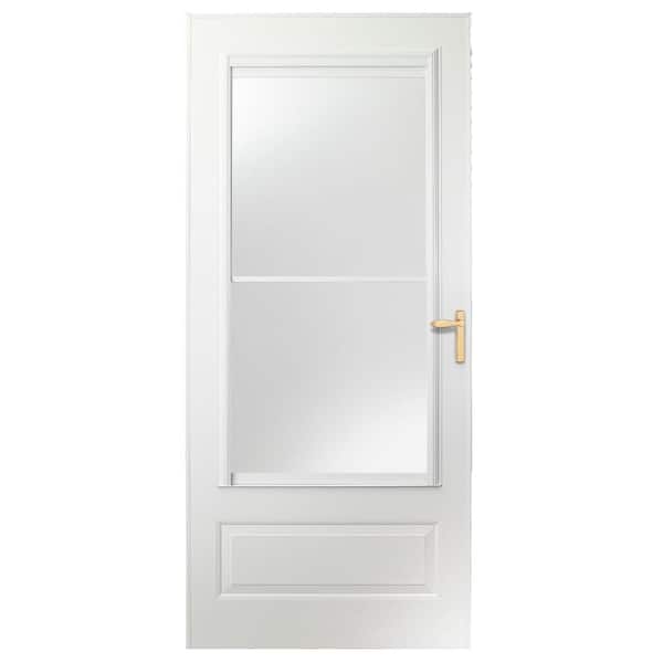 EMCO 300-Series 32 in. x 80 in. White Universal Self-Storing Storm Door with Brass Hardware