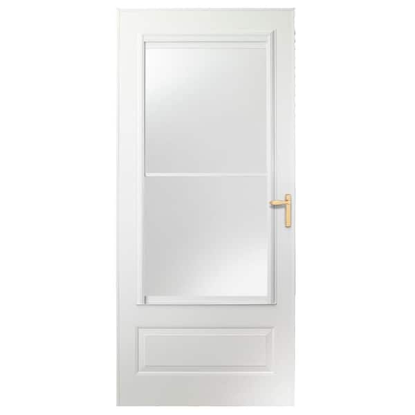 EMCO 300 Series 36 in. x 80 in. White Universal Self-Storing Storm Door with Brass Hardware