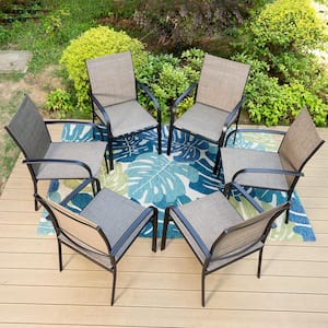 Black Ergonomic Brown Textilene Metal Outdoor Dining Chair with Wave Arms (6-Pack)