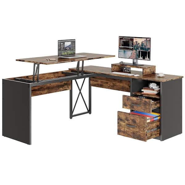 Bestier 55.7 in. Rustic Brown 2 Drawer L-Shaped Computer Desk with Lift-Top