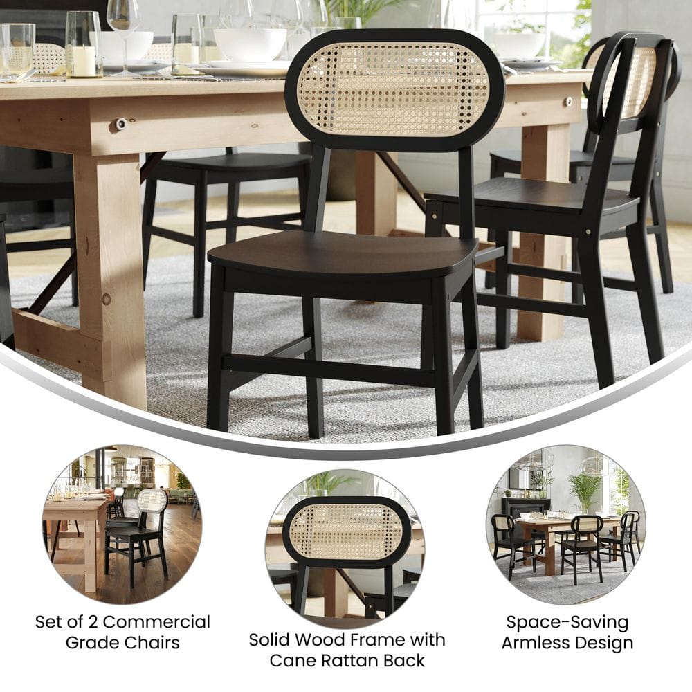 Black Wood and Cane High Back Dining Chairs, Set of 2