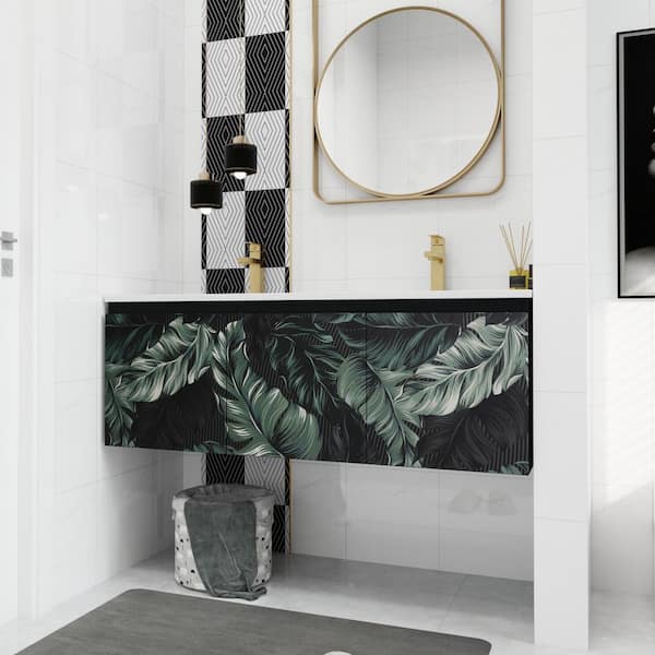 48 in. W x 18.3 in. D x 17.3 in. H Modern Double Sink Floating Bath Vanity in Black with White Ceramic Top