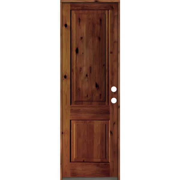 Krosswood Doors 30 in. x 96 in. Rustic Knotty Alder Square Top Red Chestnut Stain Left-Hand Inswing Wood Single Prehung Front Door