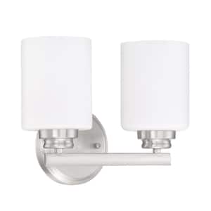 Bolden 11 in. 2-Light Brushed Polished Nickel Finish Vanity Light with Frost White Glass