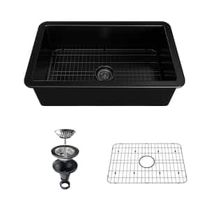 32 in. Drop-In/Undermount Single Bowl Black Fine Fireclay Kitchen Sink Whth Accessories