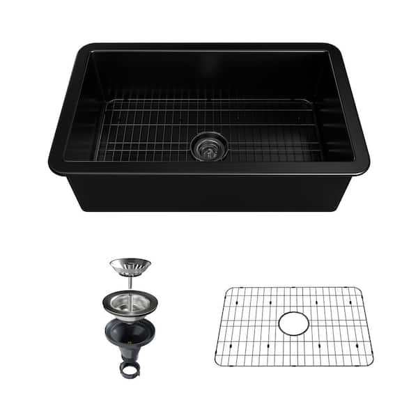 VANITYFUS 32 in. Drop-In/Undermount Single Bowl Black Fine Fireclay Kitchen Sink Whth Accessories