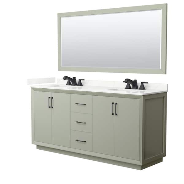 Wyndham Collection Strada 72 in. W x 22 in. D x 35 in. H Double Bath Vanity in Light Green with Giotto Quartz Top and 70 in. Mirror