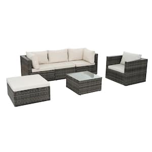 6-Piece Wicker Outdoor Sofa Sectional Set with Beige Cushions