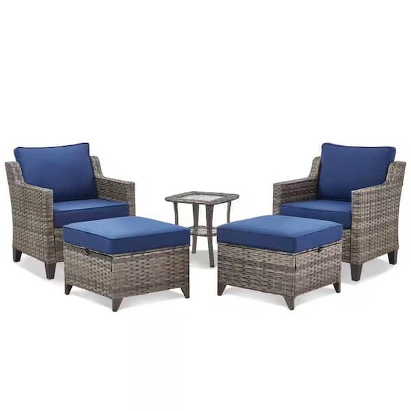 5-Piece Wicker Patio Conversation Set, Outdoor Lounge Chairs with Blue Cushions