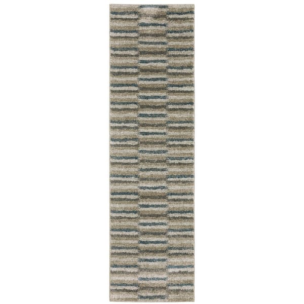 Apex Beige/Blue 2 ft. x 8 ft. Modern Geometric Stripe Polyester Indoor Runner Area Rug
