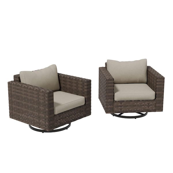 Patio Brown Swivel Wicker Outdoor Rocking Chair with Beige Cushions (2-Pack)