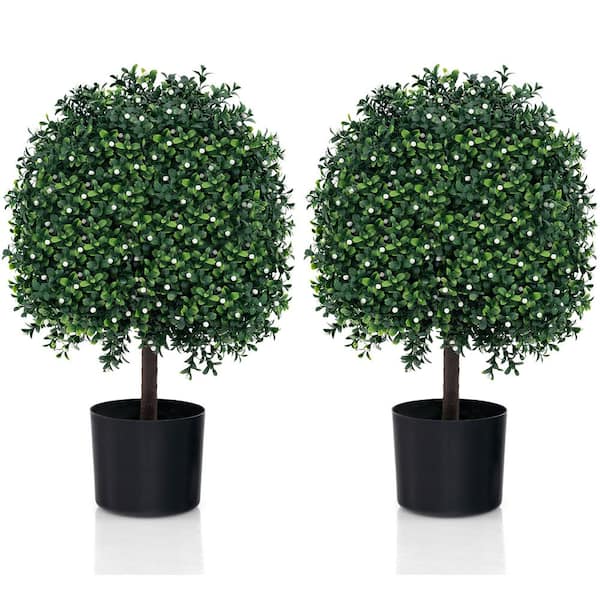 2 PCS 1.79 ft. Artificial Boxwood Topiary Ball Tree w/UV Rated Leaves 343 White Fruits for Home 21.5 in.