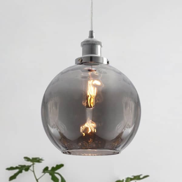 60-Watt 1-Light Chrome and Smoke Gray Simple Pendant Light with Glass Shade