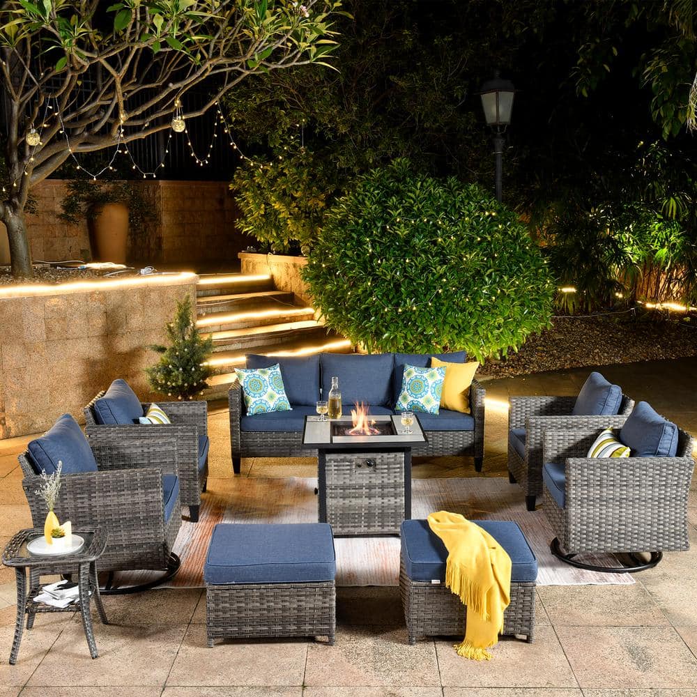 New Vultures Gray 9-Piece Wicker Patio Fire Pit Conversation Seating Set with Blue Cushions and Swivel Rocking Chairs price history on PriceWatchPro