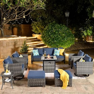 New Vultures Gray 9-Piece Wicker Patio Fire Pit Conversation Seating Set with Blue Cushions and Swivel Rocking Chairs
