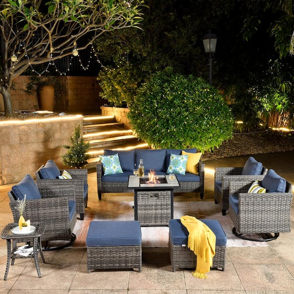 OVIOS New Vultures Gray 9-Piece Wicker Patio Fire Pit Conversation Seating Set with Blue Cushions and Swivel Rocking Chairs