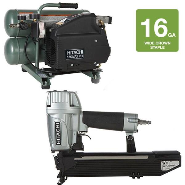 Hitachi 1 in. Wide Crown Stapler and 4 gal. Electric Compressor Kit (2-Piece)