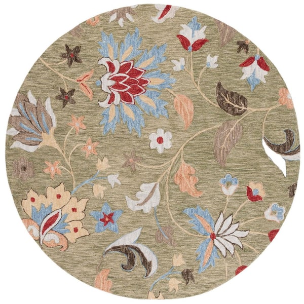 Jardin 3 ft. x 3 ft. Green/Blue Leaf Flower Round Area Rug