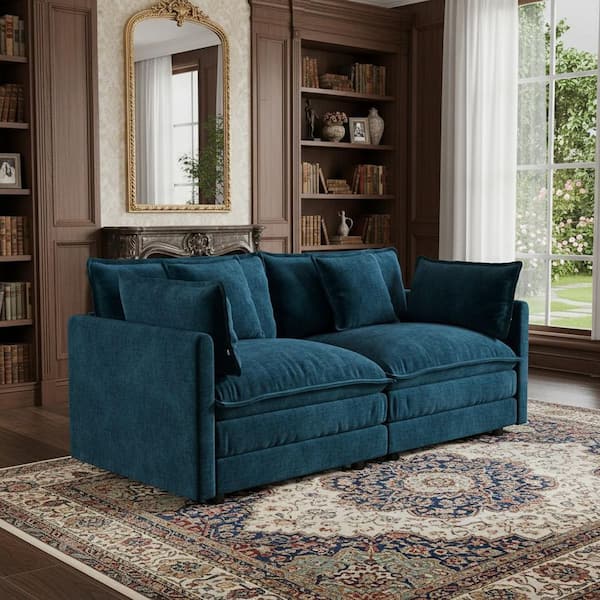 HEAT 76.7 in. Track Arm Modular Chenille Corduory Sectional Sofa with 1 Ottoman and Deep Seat Cushions, in Midnight Teal